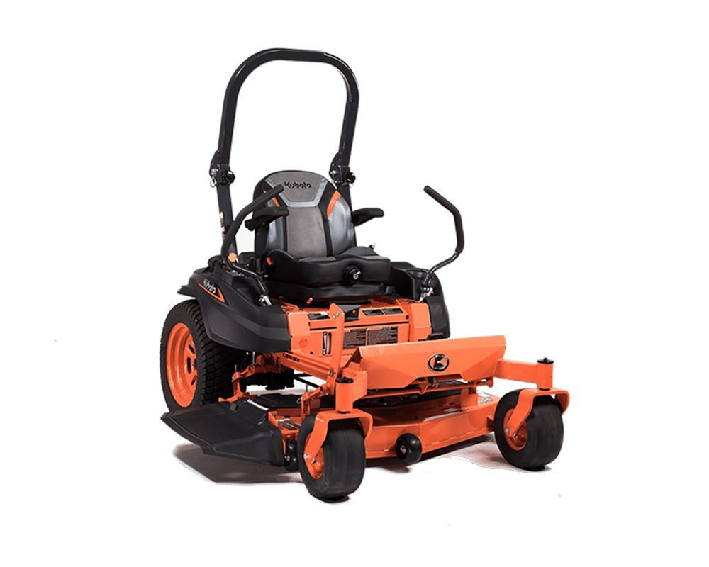 Orange and black zero-turn lawn mower on a white background.