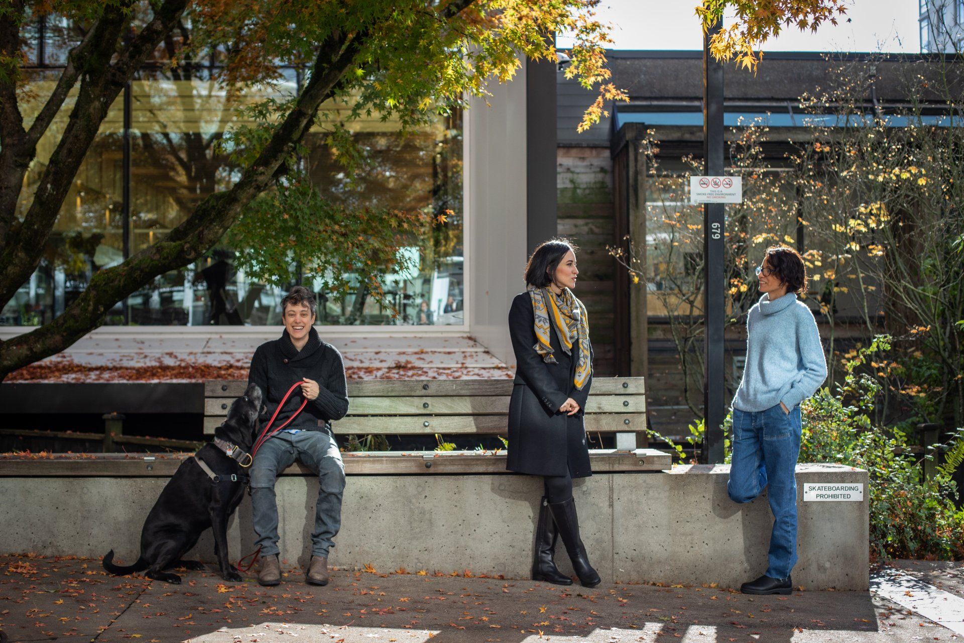 A person is sitting on a bench with a dog with two individuals standing nearby