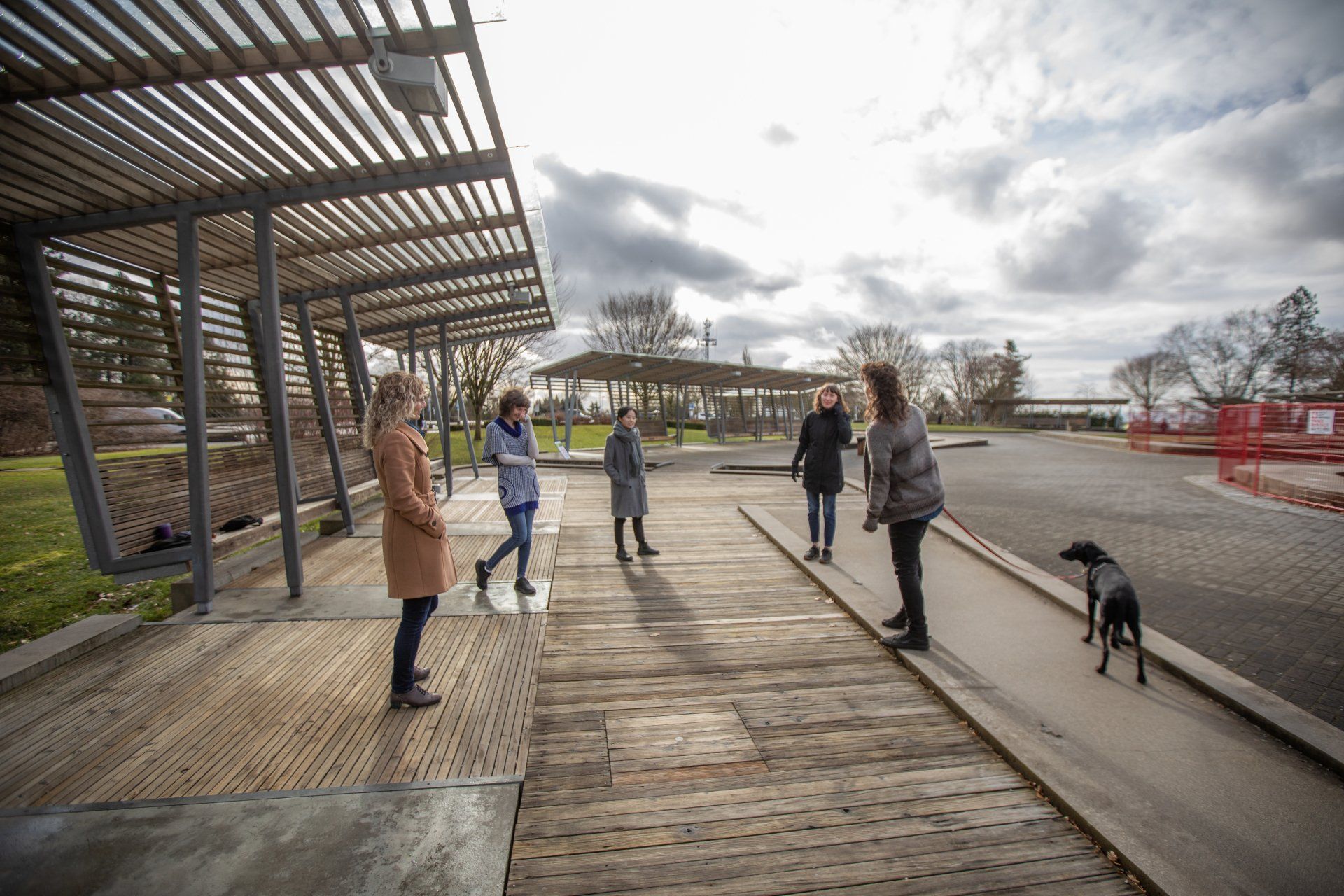 A group of people are standing on a wooden deck with a dog.