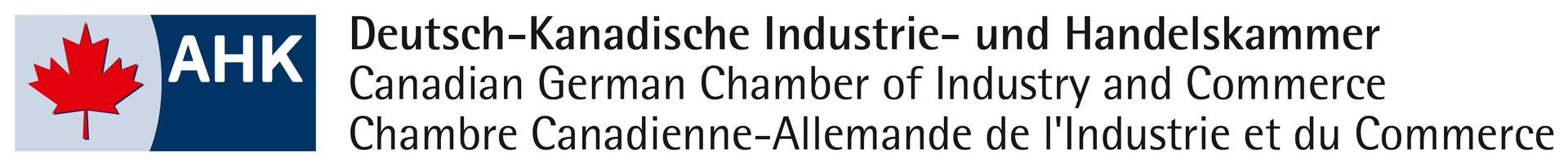 Logo for the Canadian German Chamber of Industry and Commerce featuring a red maple leaf and the text AHK.