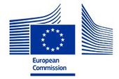 Logo of the European Commission, featuring a blue rectangle with twelve yellow stars in a circle above blue text.