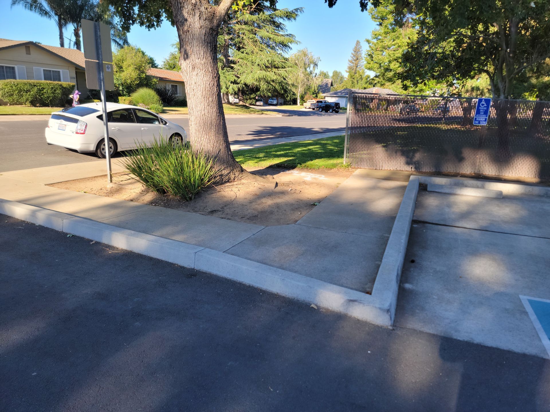 A white car is parked in a handicapped parking spot