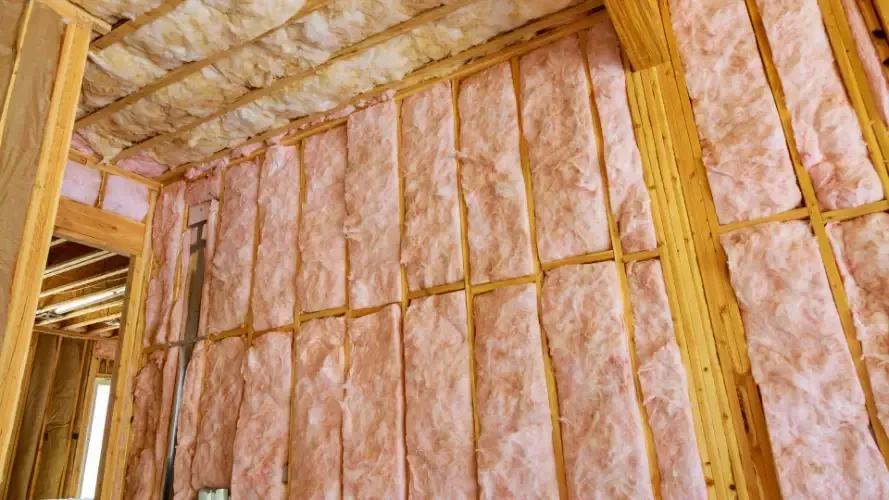 A house is being built with pink insulation on the walls.
