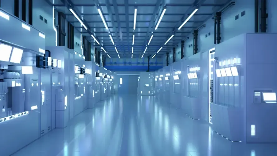 A manufacturer with lots of lights on the walls and ceiling.