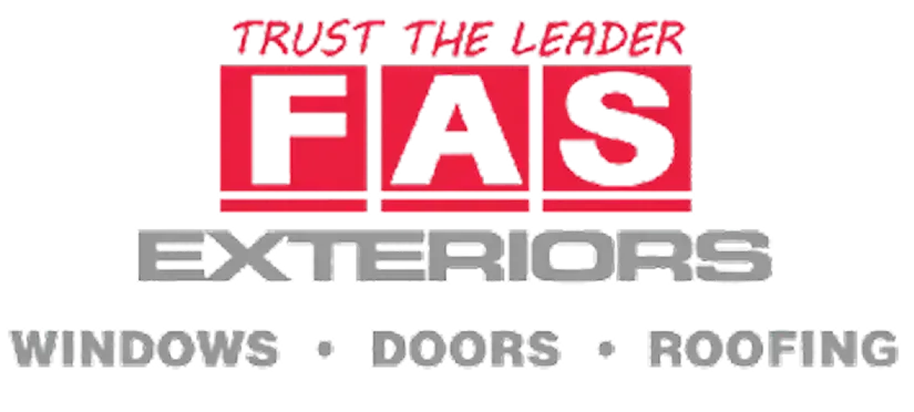 FAS Exteriors logo with “Trust the Leader” and services: windows, doors, roofing