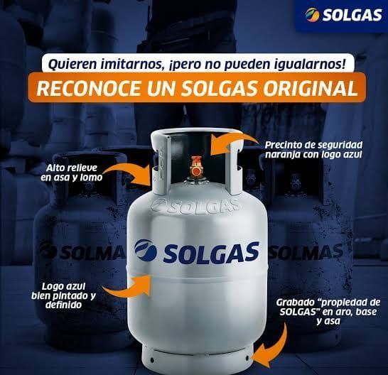 Anuncio de Solgas: Bombonas de gas con características identificativas, incluyendo logo azul y sello naranja.