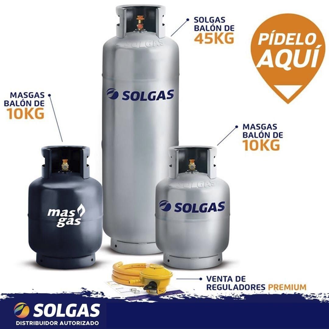 Publicidad de bombonas de gas de tres tamaños diferentes con las marcas Solgas y Masgas.