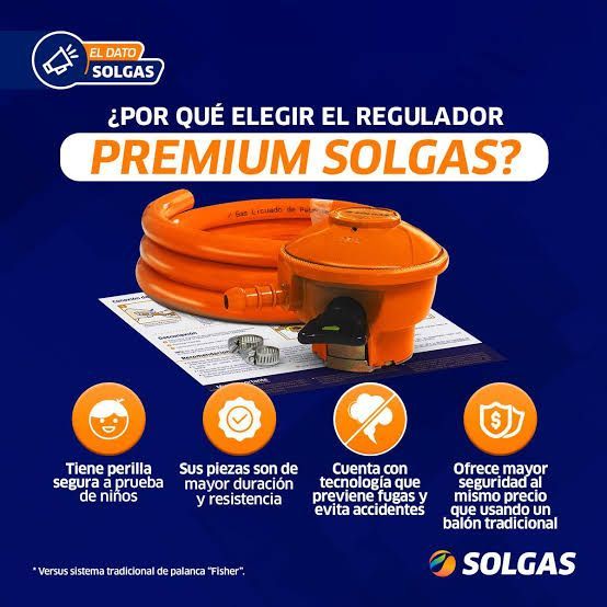 Gráfico promocional de un regulador Solgas Premium, que presenta el producto, los beneficios de seguridad y la marca.