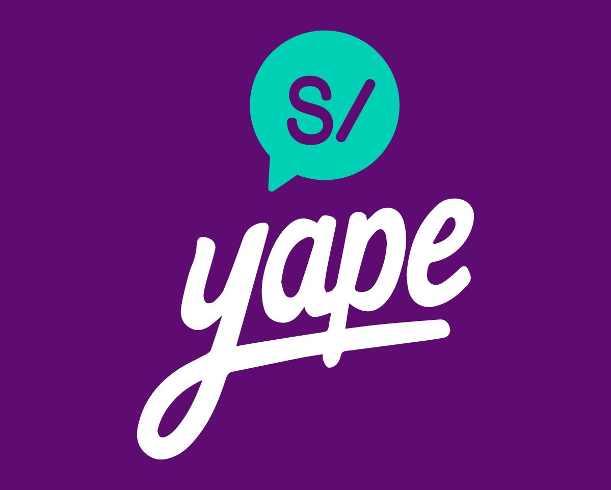 Logotipo de Yape, texto cursivo blanco sobre fondo morado con un bocadillo de diálogo verde azulado que muestra 