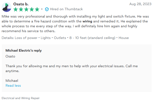 Customer review of Michael Electric: Positive feedback on electrical work, including fixing a fire hazard.