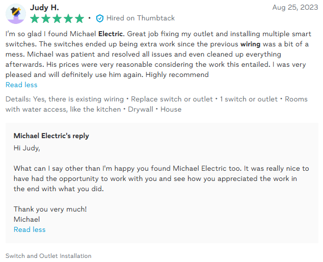 Customer review of Michael Electric, praising electrical work; includes Michael's reply.
