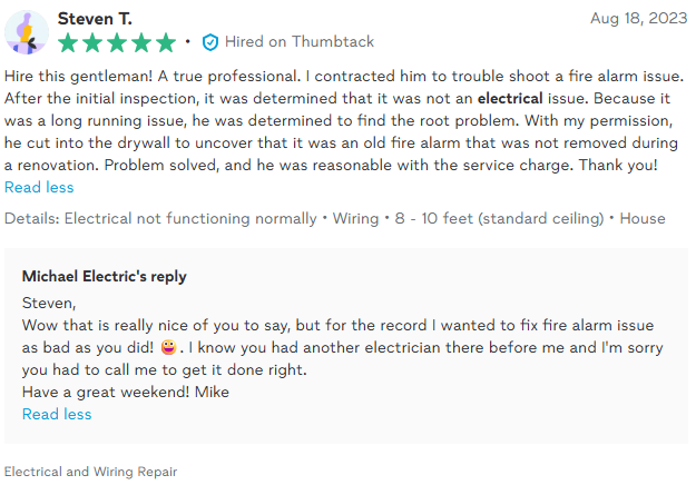 Customer review of Michael Electric, describing a fire alarm repair.