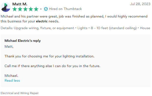 Customer review for Michael Electric; 5-star rating, positive feedback about service, with Michael's reply and contact info.