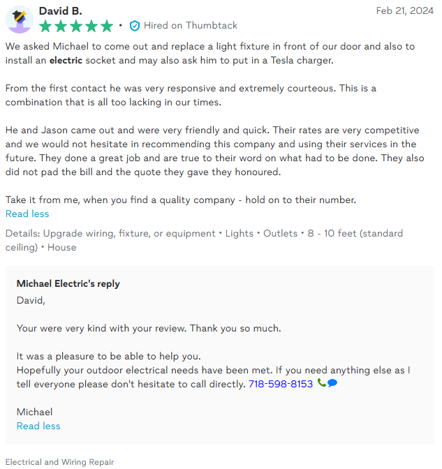 Customer review of Michael Electric, praising responsiveness, courtesy, and work quality.