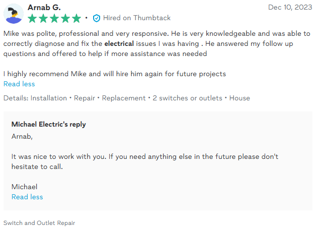 Review of Mike for electrical work: 5 stars, positive feedback, and Michael's reply.