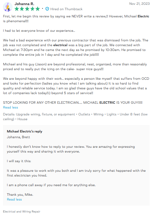Customer review of Michael Electric with five stars, praising their professionalism and quality of work.