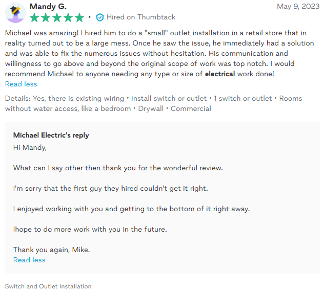 Review of Michael Electric by Mandy G., highlighting good electrical work and service.