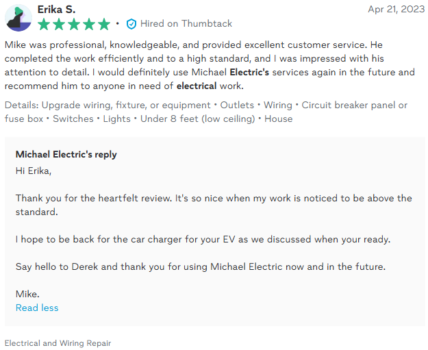 Customer review of Michael Electric, detailing work quality, with owner's reply mentioning future service.