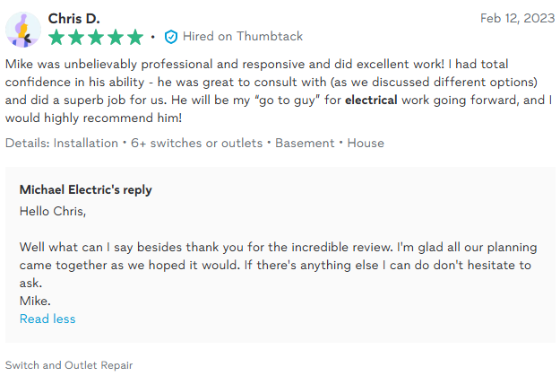 Customer review of Mike's electrical work, including Michael Electric's reply.