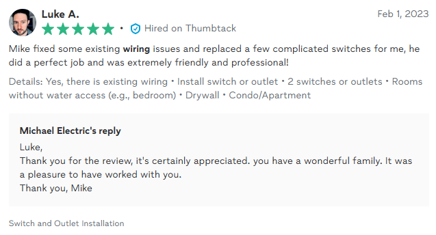 Customer review praising an electrician named Mike for fixing wiring issues and replacing switches; reply from Michael Electric.