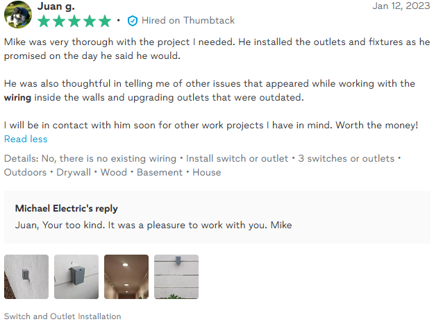 Customer review of Mike's electrical work, with a reply from Mike. Includes photos of the work and details.