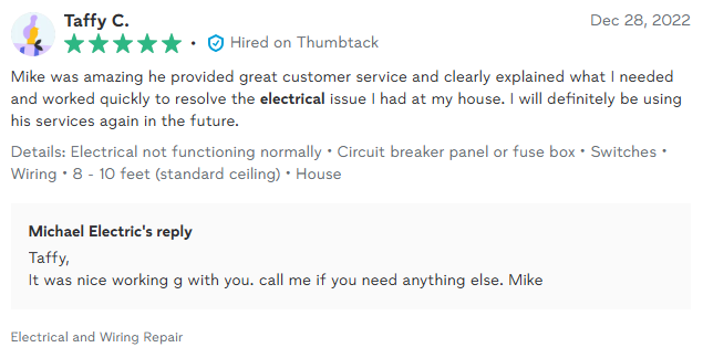 Customer review praising an electrician, with the electrician's reply.