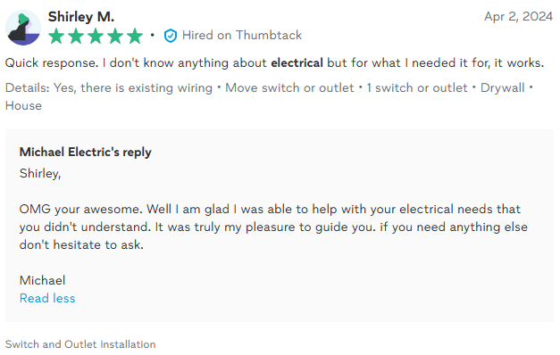 Review with star rating and reply from Michael Electric, praising their customer, Shirley, for her electrical service.