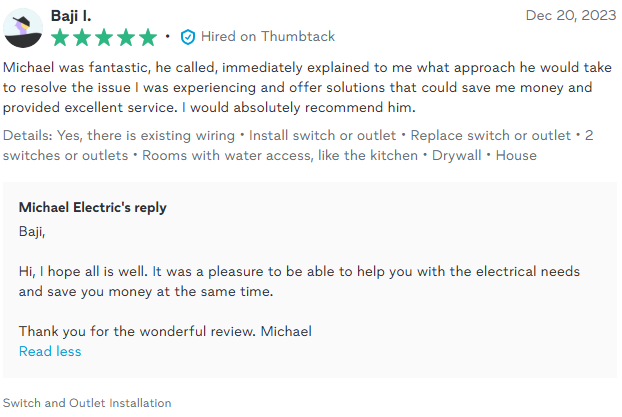Review of Michael Electric, with a five-star rating and a positive reply from Michael.