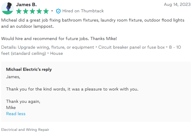 Customer review praising Michael Electric for electrical work, including fixture repairs.