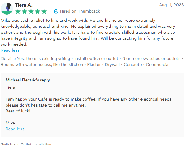 Customer review of Michael Electric, with a positive response from Mike.