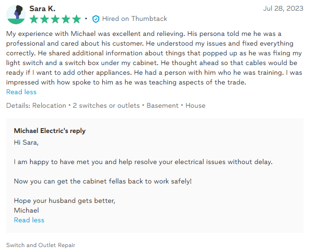 Customer review of Michael Electric with a reply. Five-star rating, July 2023. Positive feedback, electrician's response.