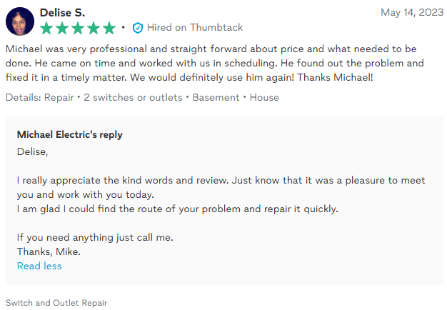 Customer review of Michael Electric, praising professionalism, timeliness, and problem-solving; Mike's reply thanks the customer.