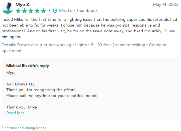Review of Michael Electric: Five-star rating, fixed a lighting issue others couldn't. Reply thanking customer.