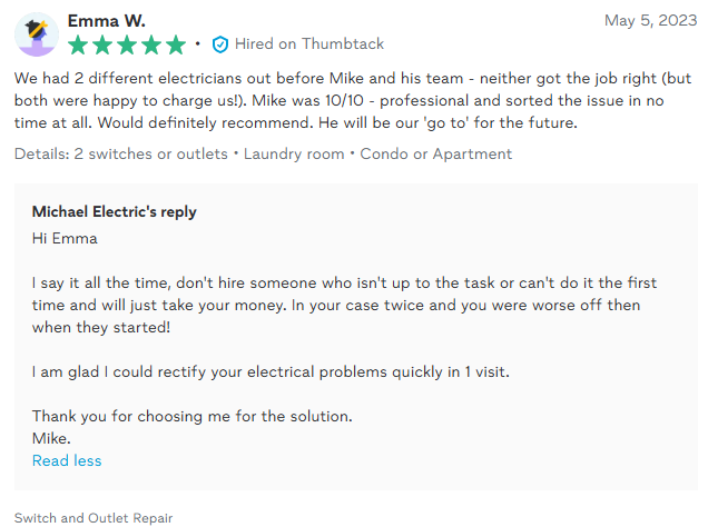 Review of electrician Mike, 5/5 stars, with a reply from the electrician expressing satisfaction in quickly solving the electrical problems.