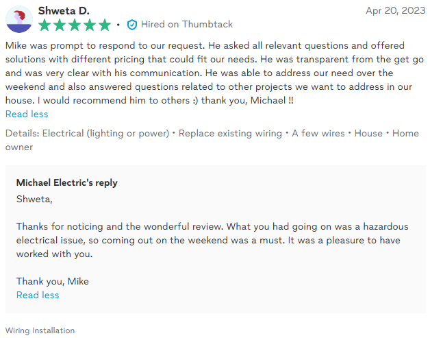 Customer review of Michael Electric: Positive feedback on prompt service and clear communication.