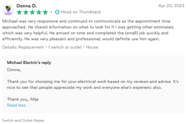Customer review for Michael Electric, including a positive response from the company.