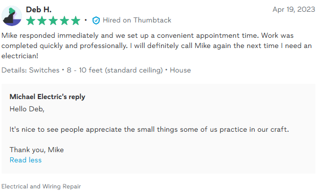 Customer review for Mike, an electrician, with a positive response from the electrician.