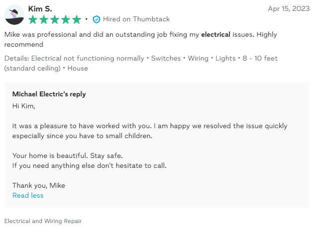 Customer review praising Mike's electrical work; Michael Electric's reply thanking her.