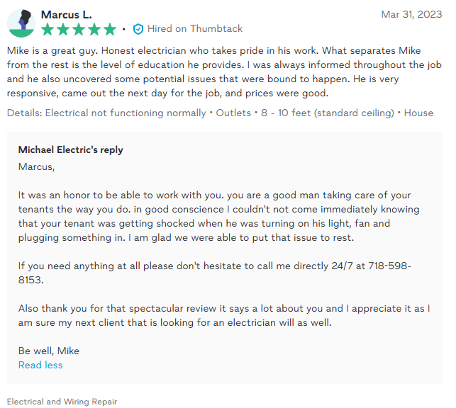 Review of an electrician named Mike. Includes 5-star rating and a response from Mike.