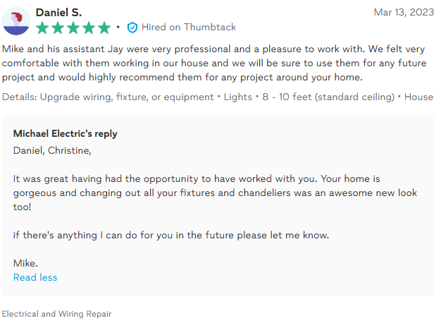 Review of an electrician, including a positive customer testimonial and the electrician's response.