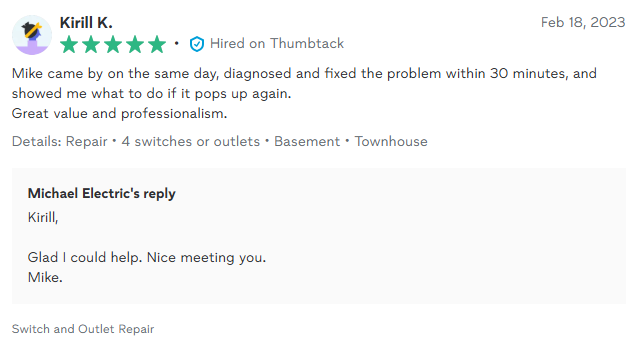 Customer review of Michael Electric, with text 