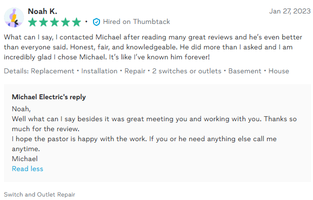 Review of Michael Electric; customer Noah commends them as honest, fair, and knowledgeable.