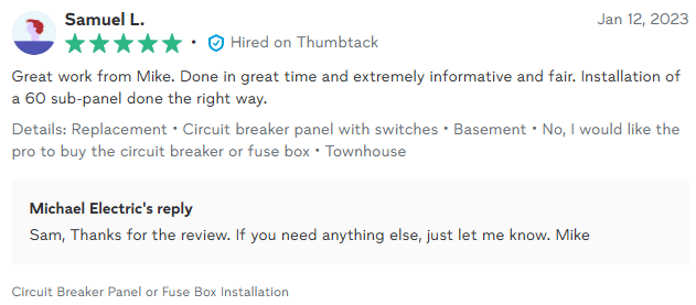 Customer review praising Michael Electric, completed Jan 12, 2023, for installing a 60 sub-panel.