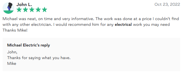 Customer review praising Michael's electrical work, and a reply from Michael.