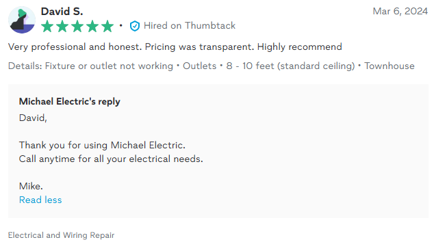 Review of Michael Electric, positive customer feedback, and their reply.