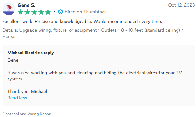 Customer review of Michael Electric for electrical work. Five stars.