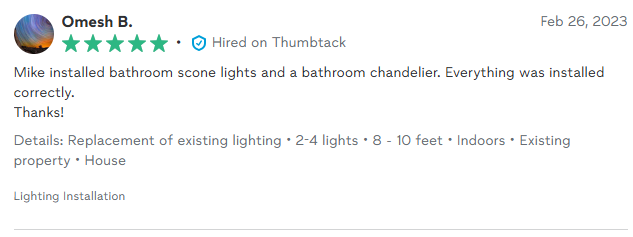 Review of a lighting installation; user Omesh B. gives five stars, mentions 