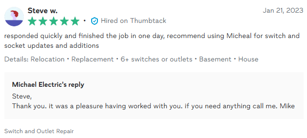 Customer review for Michael Electric, 5 stars, switch and outlet repair.