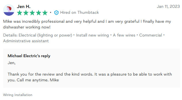 Customer review of Michael Electric, thanking Mike for fixing their dishwasher's wiring, along with Mike's reply.