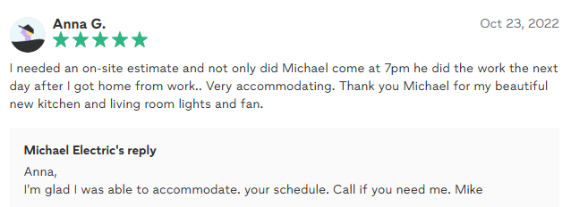 Review of an electrician by Anna G. with five stars and a response from Michael Electric.